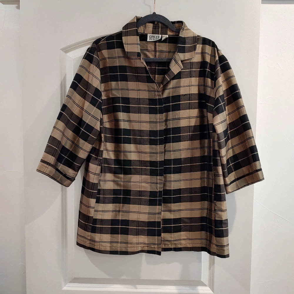 Chico's Vintage Silk Plaid Tan Black Button Down Tunic Top Size XL